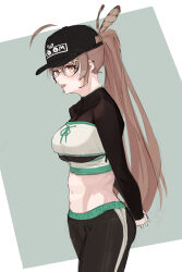 1girl absurdres ahoge arms_behind_back baseball_cap black_hair black_pants brown_eyes brown_hair clothing_cutout commentary feather_hair_ornament feathers glasses hair_ornament hairclip hat high_ponytail highres hololive hololive_english huge_ahoge long_hair long_sleeves looking_at_viewer multicolored_hair namikakeo nanashi_mumei navel pants round_eyewear sidelocks solo standing streaked_hair sweatpants tongue tongue_out underboob_cutout very_long_hair white_hair zipper