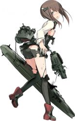 Rule 34 | 10s, 1girl, armor, ass, bike shorts, blush, brown eyes, brown hair, butt crack, covering privates, covering breasts, covering chest, flat chest, from behind, full body, hair between eyes, headgear, kantai collection, looking back, lowleg, lowleg panties, miniskirt, official art, open mouth, panties, personification, pleated skirt, shimada fumikane, short hair, skirt, solo, taihou (kancolle), taihou kai (kancolle), thighhighs, torn bike shorts, torn clothes, transparent background, underwear, white panties