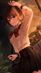 Rule 34 | 1girl, absurdres, arm up, bag, black sailor collar, black skirt, blush, bow, bowtie, breasts, brown hair, cloud, commentary, cowboy shot, dutch angle, highres, holding strap, light particles, long sleeves, looking away, medium breasts, midriff peek, myowa, open mouth, original, parted lips, plant, pleated skirt, red bow, red bowtie, sailor collar, school uniform, serafuku, shirt, short hair, shoulder bag, skirt, solo, standing, white shirt