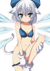 Rule 34 | 1girl, animal ears, animal hands, bikini, bikini pull, bikini top lift, blue bikini, blue eyes, blush, bottomless, bow, breasts, cat ears, cat tail, censored, cirno, clothes lift, clothes pull, collarbone, convenient censoring, gloves, hair bow, highres, ice, ice wings, kemonomimi mode, leg up, looking at viewer, lying, ma-yu, navel, on back, paw gloves, paw shoes, pulled by self, shoes, short hair, silver hair, small breasts, solo, swimsuit, tail, touhou, undressing, white background, wings