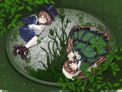 Rule 34 | 00s, 2girls, closed eyes, goth fashion, gothic lolita, green theme, hat, highres, lolita fashion, lying, multiple girls, pantyhose, rotational symmetry, rozen maiden, siblings, sisters, solwyvern, souseiseki, suiseiseki, top hat, twins, vector trace, wallpaper