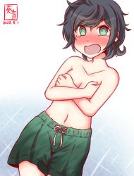 Rule 34 | 1girl, @ @, ahoge, black hair, blush, breasts, covering privates, covering breasts, cowboy shot, drawstring, embarrassed, gradient background, green eyes, green male swimwear, green shorts, green swim trunks, kanon (kurogane knights), kantai collection, male swimwear, male swimwear challenge, matsukaze (kancolle), navel, nose blush, one-hour drawing challenge, open mouth, short hair, shorts, small breasts, solo, swept bangs, swim trunks, swimsuit, wavy hair, white background