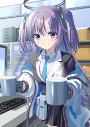 Rule 34 | 1girl, black gloves, black skirt, blue archive, blue necktie, collared shirt, cowboy shot, cup, formal, gloves, grin, halo, highres, holding, holding cup, id card, indoors, jacket, kagura hiromu, keyboard (computer), long hair, long sleeves, looking at viewer, mechanical halo, monitor, necktie, open clothes, open jacket, pleated skirt, purple eyes, purple hair, shirt, skirt, smile, solo, suit, two-sided fabric, two-sided jacket, two side up, white jacket, white shirt, yuuka (blue archive)