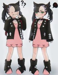 Rule 34 | 2girls, ?, ??, anger vein, asymmetrical bangs, backpack, bag, black choker, black footwear, black hair, black jacket, black nails, blush, boots, choker, closed mouth, commentary request, creatures (company), ditto, dress, earrings, eyelashes, fingersmile, frown, game freak, gen 1 pokemon, green eyes, highres, jacket, jewelry, long sleeves, marnie (pokemon), miaryayaya, multiple girls, nail polish, nintendo, open clothes, open jacket, pigeon-toed, pink dress, pokemon, pokemon swsh, red bag, spoken anger vein, standing, transformed ditto