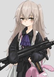Rule 34 | 1girl, aged down, black dress, blush, closed mouth, commentary request, cowboy shot, dress, expressionless, fuku (fuku12290574), girls&#039; frontline, grey background, grey hair, gun, h&amp;k ump, h&amp;k ump, hair between eyes, highres, holding, holding gun, holding weapon, long hair, long sleeves, official alternate costume, one side up, scar, scar across eye, scar on face, simple background, solo, ump45 (agent lop rabbit) (girls&#039; frontline), ump45 (girls&#039; frontline), weapon