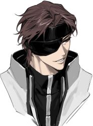 Rule 34 | 1boy, aizen sousuke, black shirt, bleach, bleach: sennen kessen-hen, brown eyes, brown hair, cropped shoulders, eyepatch, forehead protector, headband, highres, jacket, looking to the side, ma0ma0 0, male focus, one eye covered, parted lips, portrait, shirt, short hair, simple background, smile, solo, white background, white jacket