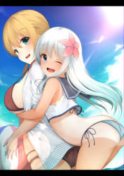 Rule 34 | 10s, 2girls, :d, ;d, alternate costume, aqua eyes, ass, bad id, bad pixiv id, bare shoulders, bikini, blonde hair, blue bikini, blue eyes, blush, breasts, crop top, flower, hair flower, hair ornament, highres, hug, hug from behind, jacket, kantai collection, large breasts, long hair, looking at viewer, low twintails, multiple girls, one-piece tan, one eye closed, open clothes, open jacket, open mouth, prinz eugen (kancolle), red bikini, rerrere, ro-500 (kancolle), sailor collar, side-tie bikini bottom, silver hair, smile, swimsuit, tan, tanline, twintails