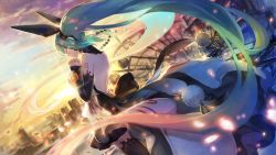 Rule 34 | 1girl, absurdly long hair, aqua hair, aqua nails, backless dress, backless outfit, black thighhighs, choker, day, detached sleeves, dress, dutch angle, closed eyes, floating hair, forever 7th capital, from behind, hair between eyes, hatsune miku, headphones, highres, long hair, multicolored hair, nail polish, outdoors, own hands clasped, own hands together, pink hair, short dress, solo, thighhighs, twintails, two-tone hair, verus, very long hair, vocaloid, zettai ryouiki