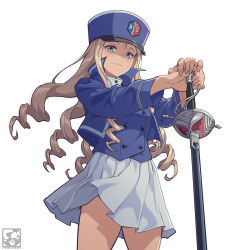 Rule 34 | 1girl, artist request, bc freedom military uniform, blonde hair, drill hair, girls und panzer, green eyes, hat, highres, kepi, long hair, looking at viewer, marie (girls und panzer), military hat, pleated skirt, simple background, skirt, solo, standing, sword, weapon, white background