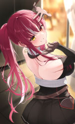 Rule 34 | 1girl, absurdres, black gloves, breasts, detached collar, earrings, elbow gloves, from behind, gloves, grey hair, heterochromia, high-waist skirt, highres, hololive, houshou marine, houshou marine (marching band), indoors, jewelry, large breasts, light blush, long hair, looking at viewer, multicolored hair, parted lips, ponytail, red eyes, red hair, skirt, smile, solo, streaked hair, sunset, tyabesu, underbust, virtual youtuber, yellow eyes