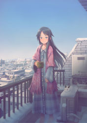 Rule 34 | 1girl, absurdres, balcony, barefoot, black hair, blue eyes, blurry, cityscape, commentary, cup, day, depth of field, half-closed eyes, highres, holding, holding cup, light smile, long hair, looking at viewer, mitsuki (yu hsiang yi), original, pajamas, scenery, shawl, sky, snow, snow rabbit, solo, winter