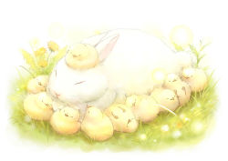 Rule 34 | bird, rabbit, chick, dandelion, closed eyes, flower, grass, lying, no humans, original, sitting, sleeping, sunflower, too many, yoshiyanmisoko
