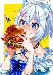 Rule 34 | + +, .live, 1girl, animal ears, antenna hair, blue bow, blue dress, blue eyes, blush, bow, breasts, burger, cat ears, cleavage, collarbone, dolphin pendant, dress, eating, food, food on face, hair between eyes, hair ornament, hairclip, holding, holding food, long sleeves, short hair, silver hair, dennou shoujo siro, sketch, snowman, solo, tomato, virtual youtuber, yellow background, yodare (3yami8)