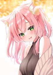 Rule 34 | 1girl, absurdres, animal ears, bare shoulders, black shirt, blurry, blurry background, blush, brown sweater, cat ears, green eyes, hair over shoulder, hamico, highres, long hair, looking at viewer, off shoulder, open mouth, orange background, original, pink hair, shirt, sleeveless, sleeveless shirt, smile, sweater, upper body, white background