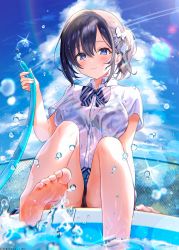 Rule 34 | 1girl, absurdres, bare legs, black hair, black panties, blue bra, blue eyes, blue skirt, blue sky, bow, bowtie, bra, butterfly hair ornament, closed mouth, cloud, collared shirt, day, feet, hair between eyes, hair ornament, highres, holding, holding hose, hose, lens flare, looking at viewer, nekoyashiki pushio, non-web source, original, outdoors, panties, ponytail, pool, poolside, school uniform, see-through, shirt, short hair, sidelocks, signature, sitting, skirt, sky, smile, soles, solo, splashing, striped bow, striped bowtie, striped clothes, striped neckwear, sunlight, thighs, toes, underwear, uniform, water, water drop, wet, wet clothes, wet shirt, white shirt