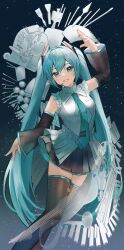Rule 34 | 1girl, aqua eyes, aqua hair, aqua nails, aqua necktie, arm up, bare shoulders, black skirt, black sleeves, black thighhighs, breasts, commentary request, detached sleeves, hair intakes, hair ornament, hatsune miku, headphones, headset, highres, long hair, looking at viewer, medium breasts, microphone, necktie, number tattoo, open hands, parted lips, pleated skirt, shirt, shoulder tattoo, skirt, sleeveless, sleeveless shirt, smile, solo, tananuki, tattoo, thighhighs, twintails, very long hair, vocaloid, wide sleeves, zettai ryouiki