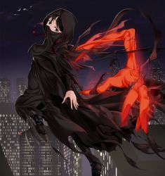 Rule 34 | 1girl, black cloak, black eyes, black hair, building, city lights, cloak, commentary request, fate/strange fake, fate (series), fingernails, glowing, glowing arm, highres, hood, hood up, hooded cloak, jumping, long sleeves, looking at viewer, moon, night, no name assassin (fate), nw 0925, outdoors, sky, solo, zabaniya (fate)