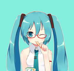 Rule 34 | 1girl, aqua background, blouse, blue hair, blue neckwear, blush, breasts, closed mouth, collared shirt, glasses, green background, hatsune miku, linda b, long hair, looking at viewer, medium breasts, one eye closed, red-framed eyewear, semi-rimless eyewear, shirt, shoulder tattoo, simple background, sleeveless, sleeveless shirt, smile, solo, tattoo, tie clip, twintails, upper body, vocaloid, white shirt