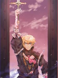 Rule 34 | 1boy, blonde hair, blood, blood on clothes, blood on face, blue eyes, cuts, door, durandal (fate), fate/grand order, fate (series), gloves, glowing, glowing sword, glowing weapon, highres, holding, holding sword, holding weapon, injury, male focus, necktie, roland (fate), sword, through door, torn clothes, weapon, white gloves