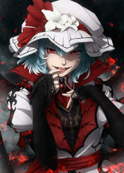 Rule 34 | 1girl, alternate costume, bat wings, blue hair, bow, fang, female focus, flower, hat, imizu (nitro unknown), koumajou densetsu, lily (flower), md5 mismatch, naughty face, open mouth, red eyes, remilia scarlet, resolution mismatch, short hair, slit pupils, smile, solo, source larger, tongue, touhou, vampire, wings