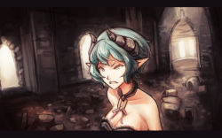 Rule 34 | 1girl, angry, bare shoulders, breasts, choker, cleavage, collar, demon girl, dress, fiend (juniper&#039;s knot), game cg, green hair, highres, horns, juniper&#039;s knot, medium breasts, pointy ears, ruins, short hair, softmode, solo, strapless, strapless dress, demon girl, wallpaper, yellow eyes