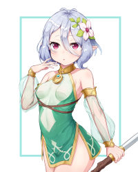 Rule 34 | 1girl, :o, absurdres, antenna hair, bare shoulders, breasts, collarbone, covered navel, cowboy shot, detached sleeves, dress, female focus, flower, green dress, hair between eyes, hair flower, hair ornament, highres, holding, holding weapon, kokkoro (princess connect!), looking at viewer, open mouth, pink eyes, pointy ears, princess connect!, see-through, see-through sleeves, silver hair, sleeveless, sleeveless dress, small breasts, solo, weapon, white background, white flower, yujongzzang