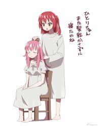 Rule 34 | 2girls, barefoot, bocchi the rock!, brushing another&#039;s hair, brushing hair, chair, closed eyes, closed mouth, commentary request, dress, full body, gotoh hitori, highres, kita ikuyo, long hair, long sleeves, medium hair, multiple girls, on chair, one side up, open mouth, own hands together, pink hair, red hair, shapoco, short sleeves, simple background, sitting, standing, translation request, white background, white dress, yellow eyes