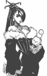 Rule 34 | 00s, 1girl, bad id, bad tumblr id, bare shoulders, breasts, cleavage, doll, final fantasy, final fantasy x, greyscale, hair ornament, hair over one eye, hair stick, hand on own hip, high ponytail, highres, jewelry, large breasts, long hair, lulu (ff10), monochrome, moogle, necklace, robaato, sketch, solo, square enix