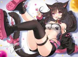 Rule 34 | 1girl, :d, ahoge, animal ears, ass, warrior of light (ff14), bandeau, bare shoulders, bell, belt, black footwear, black hair, black jacket, black shorts, black thighhighs, breasts, candy, cat ears, cat girl, cat tail, choker, collarbone, commission, facial mark, fang, final fantasy, final fantasy xiv, food, hand up, highleg, holding, jacket, jingle bell, legs up, lollipop, long hair, long sleeves, looking at viewer, medium breasts, midriff, multicolored hair, navel, off shoulder, open clothes, open jacket, open mouth, panty straps, pink eyes, red choker, ribbon, shoes, short shorts, shorts, single thighhigh, skeb commission, skindentation, slit pupils, smile, solo, stomach, strapless, streaked hair, tail, tail ornament, tail ribbon, thigh strap, thighhighs, thighs, tube top, umeyuki