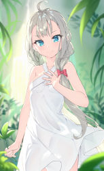 Rule 34 | 1girl, ahoge, bare arms, bare shoulders, blue eyes, blurry, blurry background, blush, bow, braid, collarbone, depth of field, dress, grey hair, hair bow, hand on own chest, hand up, head tilt, highres, holding, long hair, looking at viewer, low twintails, mishuo (misuo69421), original, red bow, sleeveless, sleeveless dress, solo, twin braids, twintails, v-shaped eyebrows, very long hair, white dress