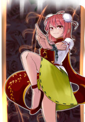 Rule 34 | 1girl, ankleband, blush, breasts, brown footwear, bun cover, closed mouth, commentary request, cuffs, double bun, foot out of frame, green skirt, hair between eyes, hair bun, ibaraki kasen, leg lift, looking at viewer, medium breasts, pink hair, red eyes, red tabard, shackles, shirt, shoes, short hair, short sleeves, skirt, smile, solo, tabard, takeguchi kouhei, touhou, white shirt