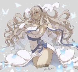 Rule 34 | 1girl, armpits, breasts, commentary request, corrin (female) (fire emblem), corrin (fire emblem), covered navel, dress, elbow gloves, fire emblem, fire emblem fates, fire emblem heroes, floating hair, gloves, grey hair, hair between eyes, hand in own hair, highres, karashino, long hair, medium breasts, nintendo, official alternate costume, pointy ears, red eyes, single elbow glove, sleeveless, sleeveless dress, slit pupils, solo, thighs, twitter username, veil, very long hair, white dress, white gloves