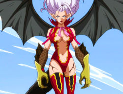 Rule 34 | 1girl, blue eyes, breasts, claws, cleavage, demon, demon girl, fairy tail, large breasts, long hair, mirajane strauss, purple hair, solo, tail, thighhighs, wings