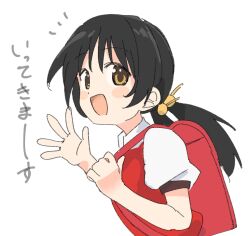 Rule 34 | 1girl, backpack, bag, black hair, blush stickers, hair bobbles, hair ornament, highres, kaai yuki, looking at viewer, low twintails, open mouth, petite, puffy short sleeves, puffy sleeves, randoseru, red shirt, sechin, shirt, short sleeves, short twintails, simple background, sketch, solo, translated, twintails, upper body, vocaloid, waving, white background, yellow eyes