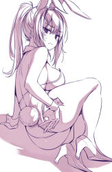 Rule 34 | 1girl, animal ears, ass, back, bare arms, bare shoulders, breasts, fake animal ears, fake tail, from behind, frown, greyscale, high heels, highres, large breasts, leotard, long hair, looking at viewer, looking back, monochrome, original, oryo (oryo04), playboy bunny, ponytail, rabbit ears, rabbit tail, sitting, sketch, solo, strapless, strapless leotard, sweatdrop, tail, thighs, wrist cuffs, yokozuwari