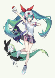 Rule 34 | 1girl, :d, arm up, beanie, black socks, bracelet, collared shirt, commentary request, creatures (company), crossover, game freak, gen 5 pokemon, gloves, green eyes, green hair, hat, hatsune miku, highres, jewelry, korean commentary, legendary pokemon, legs, long hair, meloetta, mongguri, mythical pokemon, nintendo, open mouth, pleated skirt, pokemon, pokemon (creature), project voltage, psychic miku (project voltage), shirt, shoes, short sleeves, single glove, skirt, smile, sneakers, socks, twintails, vocaloid, white footwear, white gloves, white headwear, white shirt