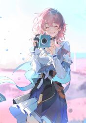 Rule 34 | 1girl, archery shooting glove, black choker, black corset, blue jacket, blue shirt, breasts, camera, choker, clenched teeth, closed eyes, collared shirt, corset, cowboy shot, facing viewer, flower ornament, grin, hair between eyes, hands up, heqing, highres, holding, holding camera, honkai: star rail, honkai (series), jacket, long sleeves, march 7th (honkai: star rail), medium breasts, medium hair, open mouth, outdoors, partially fingerless gloves, pink hair, pleated skirt, shirt, sidelocks, skirt, smile, solo, sunlight, teeth, tied jacket, white shirt, white sleeves, wind, wind lift