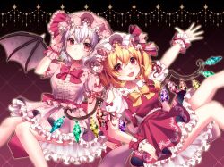 Rule 34 | 2girls, :d, bat wings, blonde hair, blush, bow, bowtie, closed mouth, collared shirt, commentary, crystal, flandre scarlet, frilled shirt collar, frilled skirt, frills, hair between eyes, hand up, hat, hat bow, hat ribbon, looking at viewer, mob cap, momoyama riyo, multiple girls, open mouth, outstretched arm, pink headwear, pink shirt, pink skirt, purple hair, red bow, red bowtie, red eyes, red ribbon, red skirt, red vest, remilia scarlet, ribbon, shirt, siblings, sisters, skirt, skirt set, smile, touhou, vest, white headwear, white shirt, wings, wrist cuffs, yellow bow, yellow bowtie