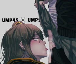 Rule 34 | 2girls, absurdres, bang5410, black gloves, blush, clothes lift, commentary request, fingerless gloves, girls&#039; frontline, gloves, grey background, highres, jacket, lifted by self, long hair, multiple girls, nose, open clothes, open jacket, pussy, saliva, saliva trail, simple background, skirt, skirt lift, tongue, tongue out, ump45 (girls&#039; frontline), ump9 (girls&#039; frontline), uncensored, yellow eyes, yuri