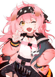 Rule 34 | 1girl, ;d, absurdres, animal ears, arknights, black choker, black hairband, black skirt, blush, cat ears, choker, claw pose, collarbone, cowboy shot, fang, fui (fui29493452), garter straps, goldenglow (arknights), hairband, hand on own hip, highres, id card, jacket, light particles, lightning bolt print, long hair, long sleeves, looking at viewer, miniskirt, one eye closed, open clothes, open jacket, open mouth, pink hair, pink jacket, scissors, simple background, skin fang, skirt, smile, white background, yellow eyes