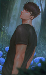 Rule 34 | 1boy, absurdres, black hair, black shirt, blue flower, earrings, flower, forest, highres, jewelry, looking at viewer, male focus, nature, nickakito, original, rain, red eyes, shirt, short sleeves, solo, standing, t-shirt, wet