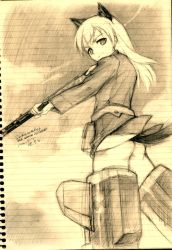 Rule 34 | 00s, 1girl, animal ears, ass, bad id, bad pixiv id, eila ilmatar juutilainen, kisetsu, monochrome, pantyhose, sketch, solo, strike witches, traditional media, world witches series, yellow theme