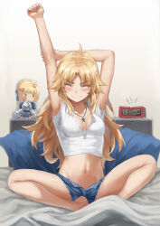 Rule 34 | 1girl, ^ ^, alarm clock, armpits, arms up, artoria pendragon (all), artoria pendragon (fate), blonde hair, breasts, character doll, cleavage, clock, closed eyes, commentary request, crop top, denim, denim shorts, fate/apocrypha, fate (series), highres, lipstick mark, long hair, midriff, mordred (fate), mordred (fate/apocrypha), navel, open fly, saber (fate), shirt, short shorts, shorts, sitting, small breasts, solo, stomach, stretching, tonee, v-shaped eyebrows, very long hair, white shirt