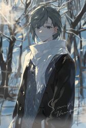 Rule 34 | 1boy, closed mouth, commentary, commission, earclip, earrings, english commentary, forest, grey eyes, grey hair, grey sweater, highres, jacket, jewelry, kanae (nijisanji), knit sweater, looking at viewer, male focus, mole, mole under eye, nature, necklace, nijisanji, open clothes, open jacket, outdoors, qing yan xia, scarf, short hair, snow, solo, stud earrings, sweater, tree, upper body, virtual youtuber, white scarf, winter clothes
