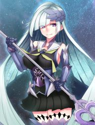 Rule 34 | 1girl, breasts, brynhildr (fate), fate/grand order, fate/prototype, fate/prototype: fragments of blue and silver, fate (series), gauntlets, hair over one eye, holding, holding weapon, large breasts, long hair, nano (syoutamho), purple eyes, purple thighhighs, sailor collar, silver hair, smile, solo, thighhighs, very long hair, weapon