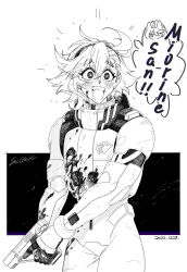 Rule 34 | 1girl, :d, absurdres, blood, blood on clothes, blood on face, dated, english text, greyscale, gun, gundam, gundam suisei no majo, highres, holding, holding gun, holding weapon, monochrome, open mouth, smile, solo focus, spacesuit, su xiao jei, suletta mercury, thick eyebrows, twitter username, weapon