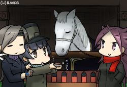 Rule 34 | 10s, 3girls, alternate costume, arare (kancolle), black hair, blush stickers, brown hair, carrot, chitose (kancolle), coat, commentary, dated, closed eyes, hamu koutarou, hat, headband, horse, jun&#039;you (kancolle), kantai collection, multiple girls, overcoat, purple hair, scarf, spiked hair