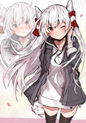 Rule 34 | 1girl, amatsukaze (kancolle), black jacket, black thighhighs, blush, brown eyes, closed mouth, collarbone, fang, feet out of frame, grey hair, hair tubes, highres, jacket, kantai collection, long hair, long sleeves, multiple views, official alternate costume, one eye closed, open mouth, shirt, skin fang, smile, takanashi kei (hitsujikan), thighhighs, two side up, white shirt