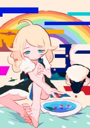 Rule 34 | 1girl, abstract, absurdres, ahoge, barefoot, berry, black dress, blonde hair, blush, commentary, commentary request, dress, feeding, feet, feet together, food, full body, green eyes, hair flaps, half-closed eyes, hand on own knee, highres, holding, holding food, idolmaster, idolmaster cinderella girls, knee up, knees apart feet together, lace, lace-trimmed dress, lace trim, long hair, looking at food, no pupils, noniha, open mouth, pinafore dress, plate, puffy short sleeves, puffy sleeves, rainbow, sheep, short sleeves, sitting, sky, sleeveless, sleeveless dress, solo, star (sky), starry sky, swept bangs, water, yusa kozue