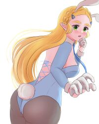 Rule 34 | 1girl, ass, blonde hair, blush, braid, breasts, cleavage, from behind, gloves, green eyes, highres, leotard, long hair, looking at viewer, medium breasts, nintendo, open mouth, pantyhose, playboy bunny, princess zelda, rabbit ears, rabbit tail, solo, the legend of zelda, the legend of zelda: breath of the wild